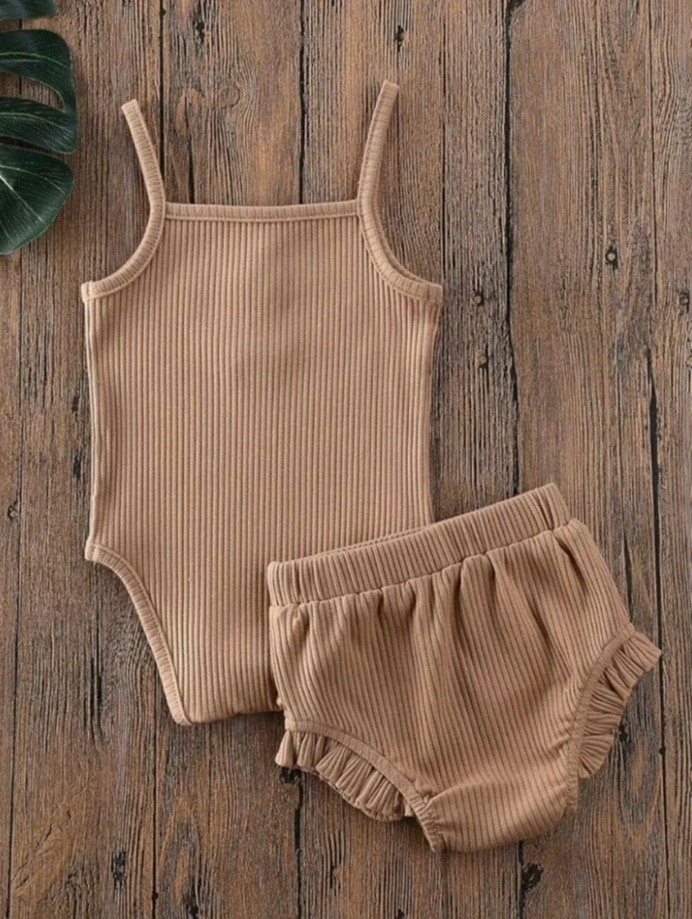 Baby Girl Boy Ribbed 2Pc Set Khaki Bodysuit Ruffle Bloomer Neutral Outfit 12-18M